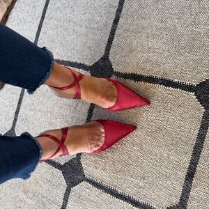 Red Satin Ankle Strap Heels 4"